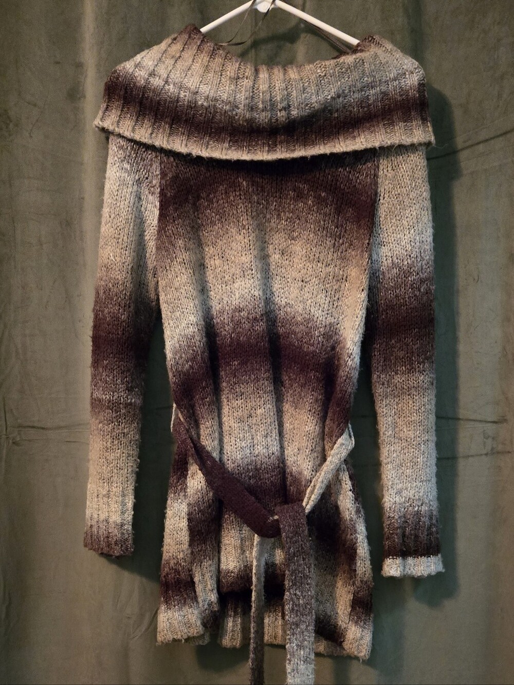 Striped Belted Off-Shoulder Sweater in Brown and Cream